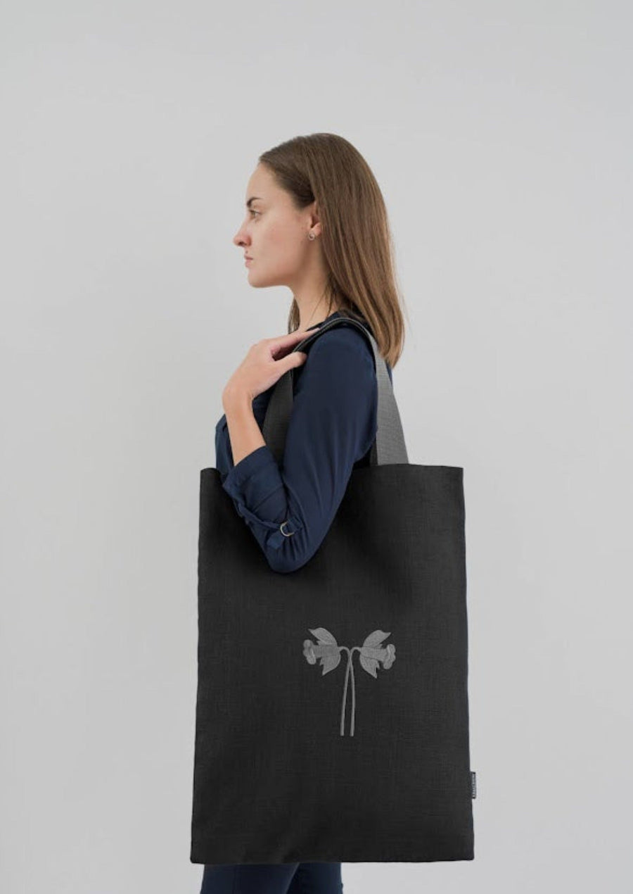 Black Oversized Tote Bag with Embroidered Daffodils |