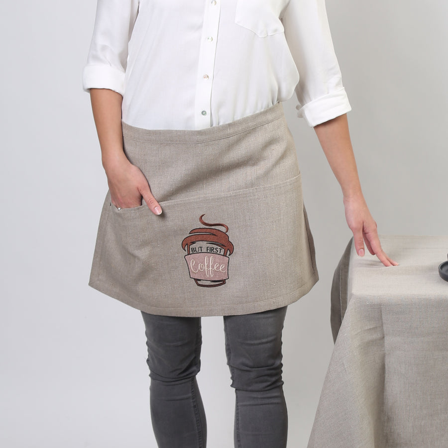 Linen waist apron - But First Coffee embroidery
