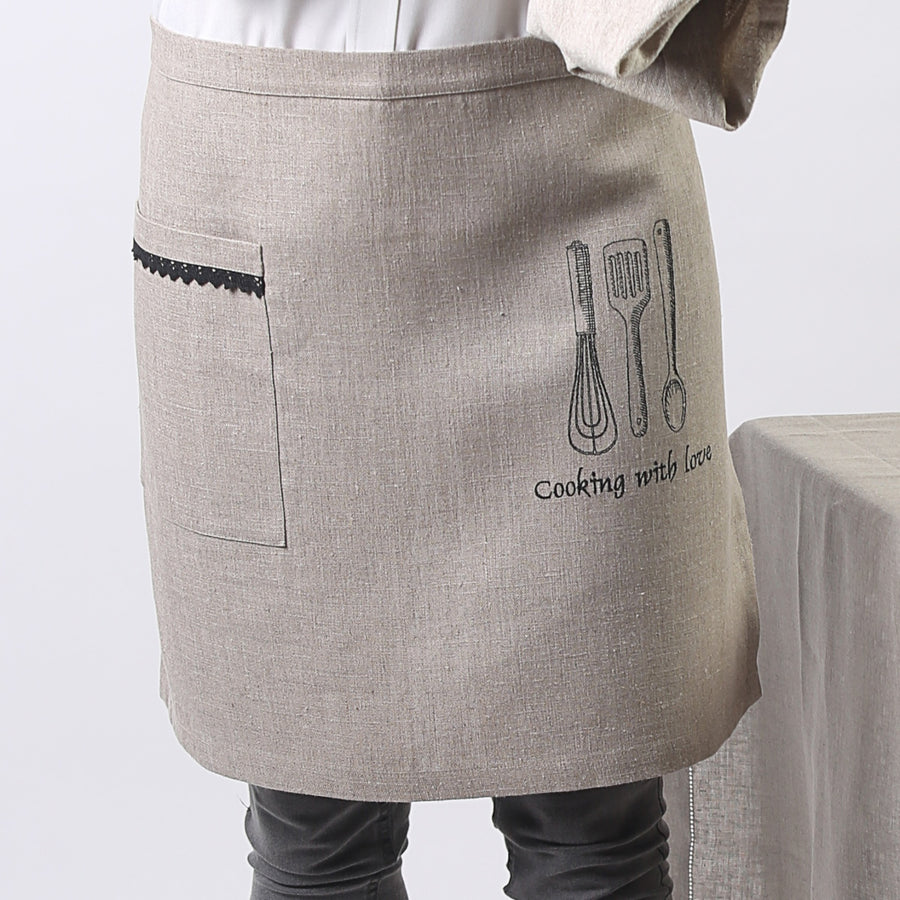 linen waist apron from Rimalinum - Cooking With Love embroidery and side pocket