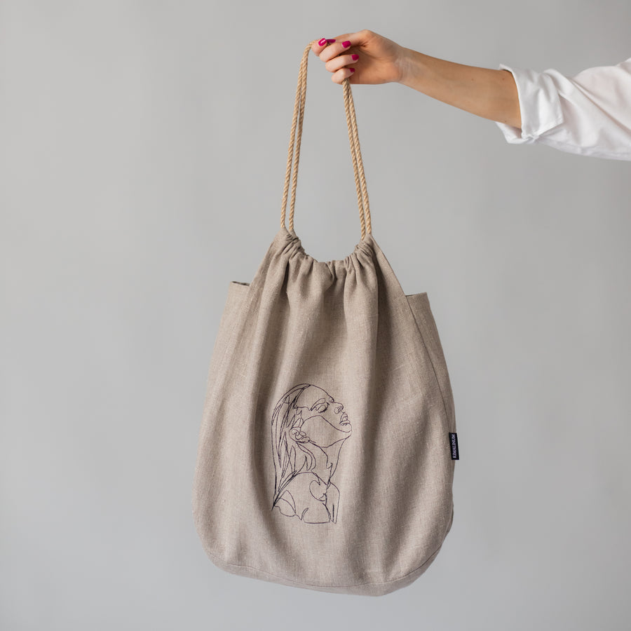 Handmade linen bag with jute rope handle from Rimalinum