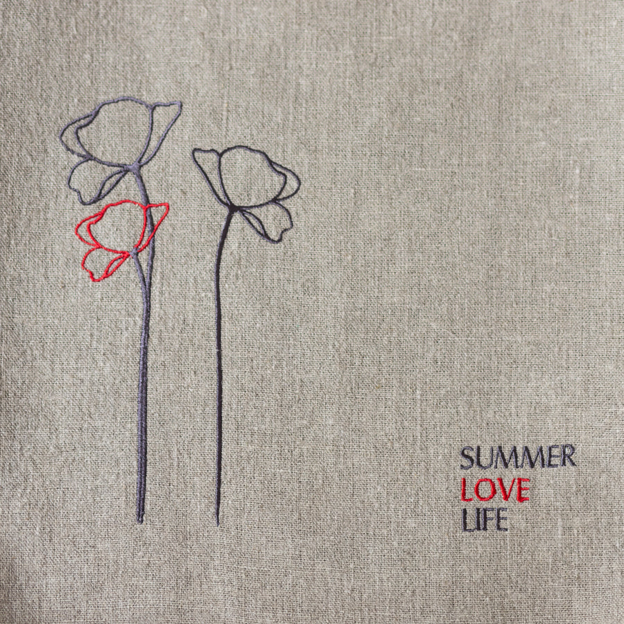 Poppy flower embroidery on linen bags with SUMMER LOVE LIFE inscription