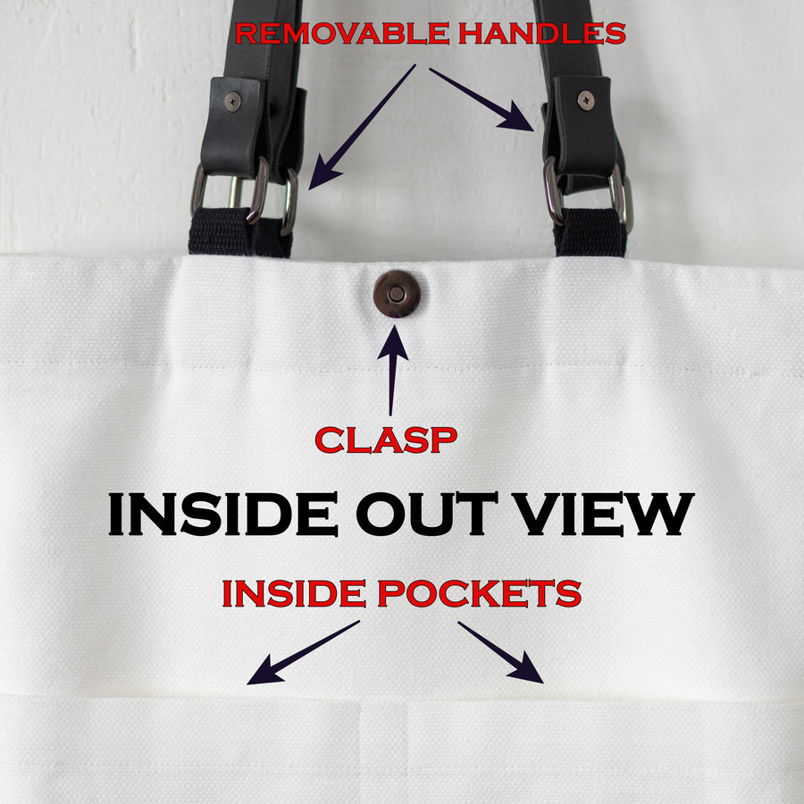 Inside out view of white canvas bag with leather handles and clasps