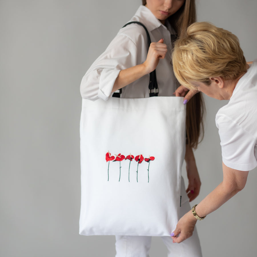 Handmade white canvas tote bag with Anthurium embroidery