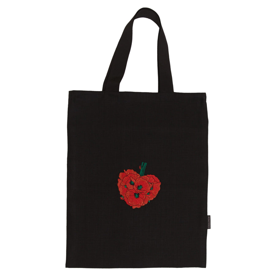 Black Linen Shoulder tote Bag with poppy Bouquet