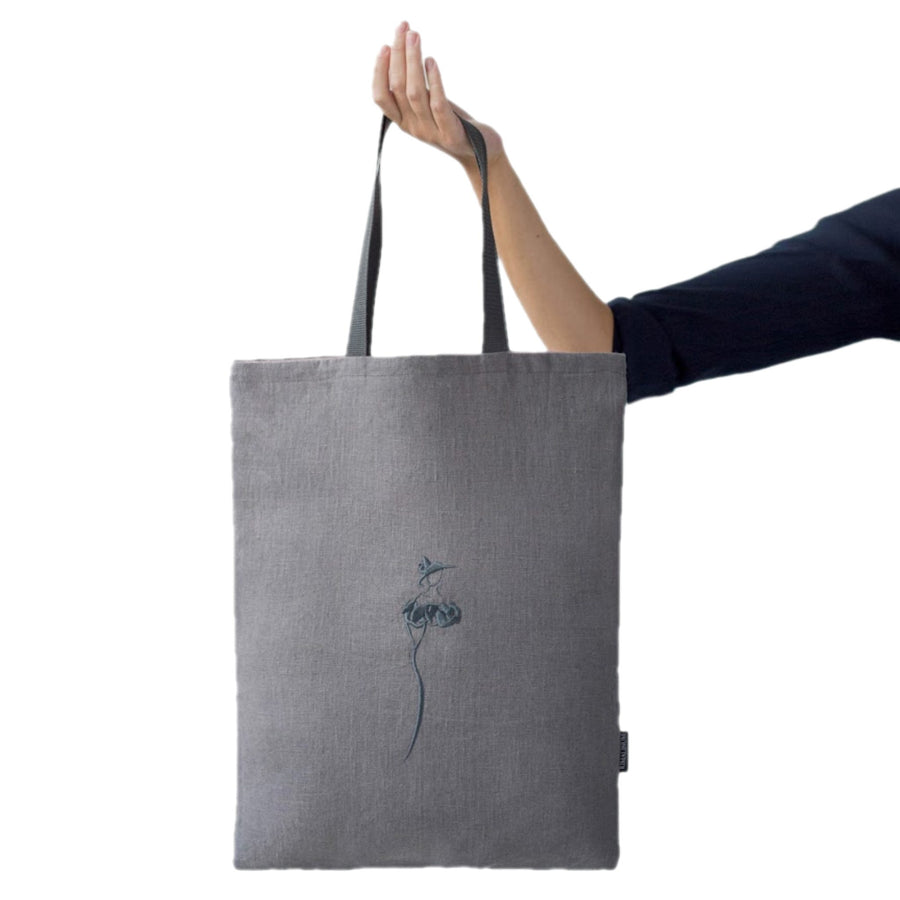 Grey Linen Shoulder Bag with Emboidery