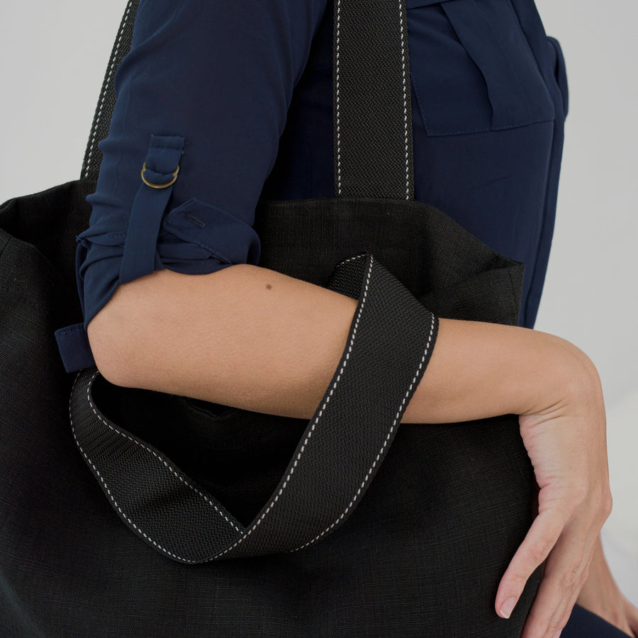 Giant tote bag Black with polyester handle with white thread stitching on each side