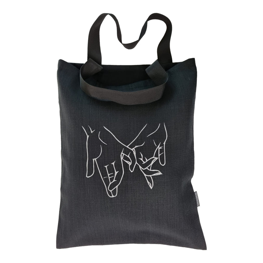 Black tote bag with man and woman hands embroidery