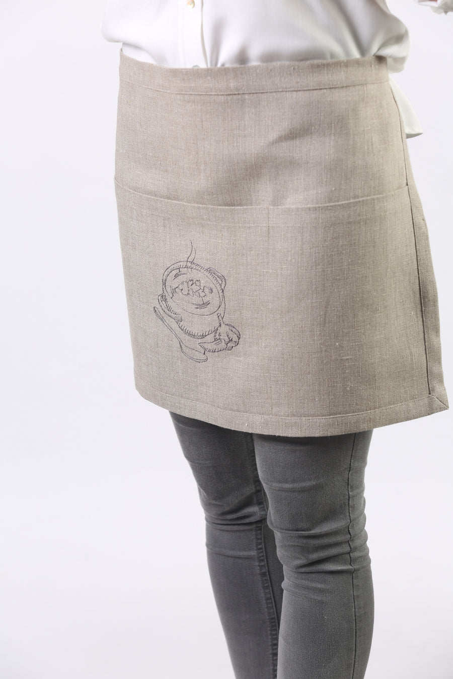 Linen apron with pot of soup embroidery