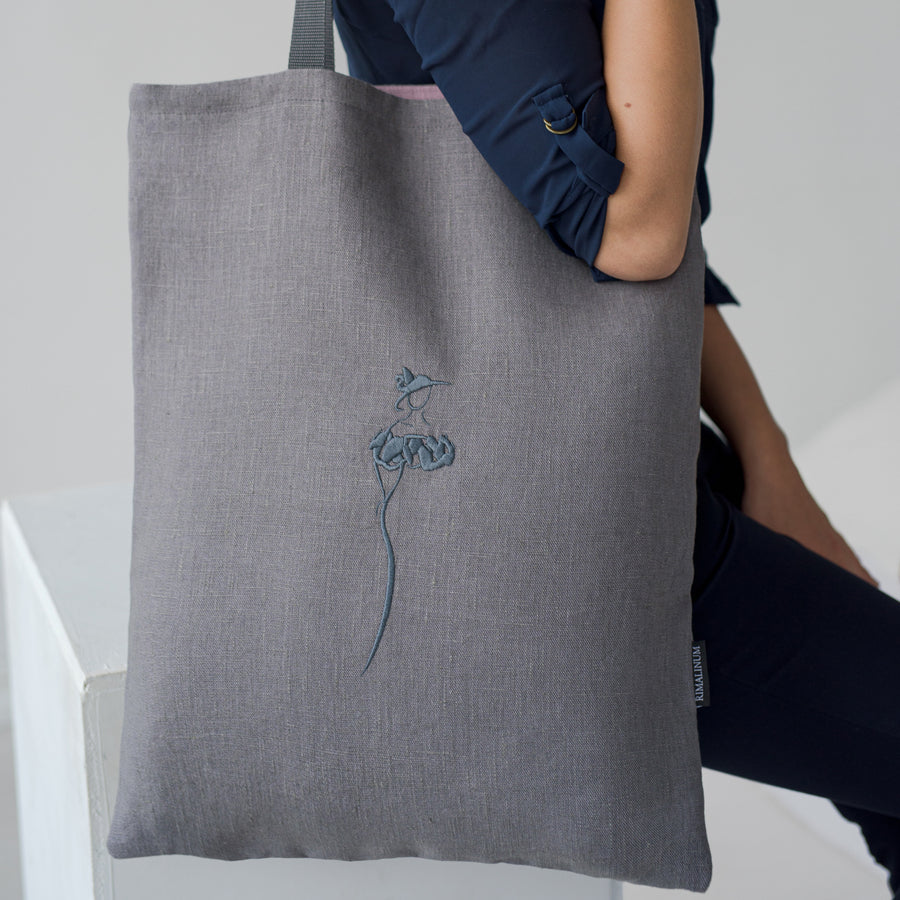  Linen Shoulder Bag embroidered with a Woman's Silhouette | Pink Lining and Inside Pocket