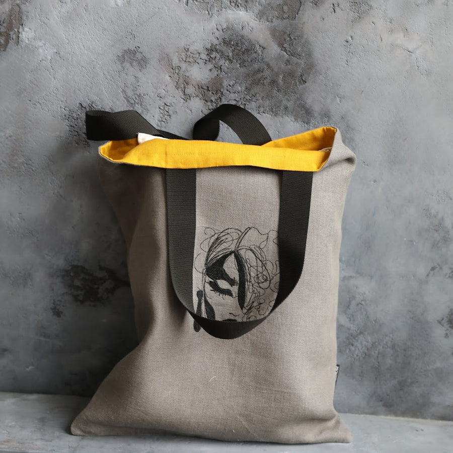 Grey Linen Tote Bag with Young Woman Face Embroidery and Mustard Yellow Lining