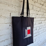 Chic handmade linen-cotton canvas bag with modern The Path Finder embroidery and leather handles