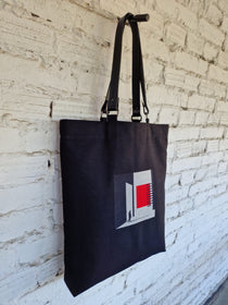 Chic handmade linen-cotton canvas bag with modern The Path Finder embroidery and leather handles