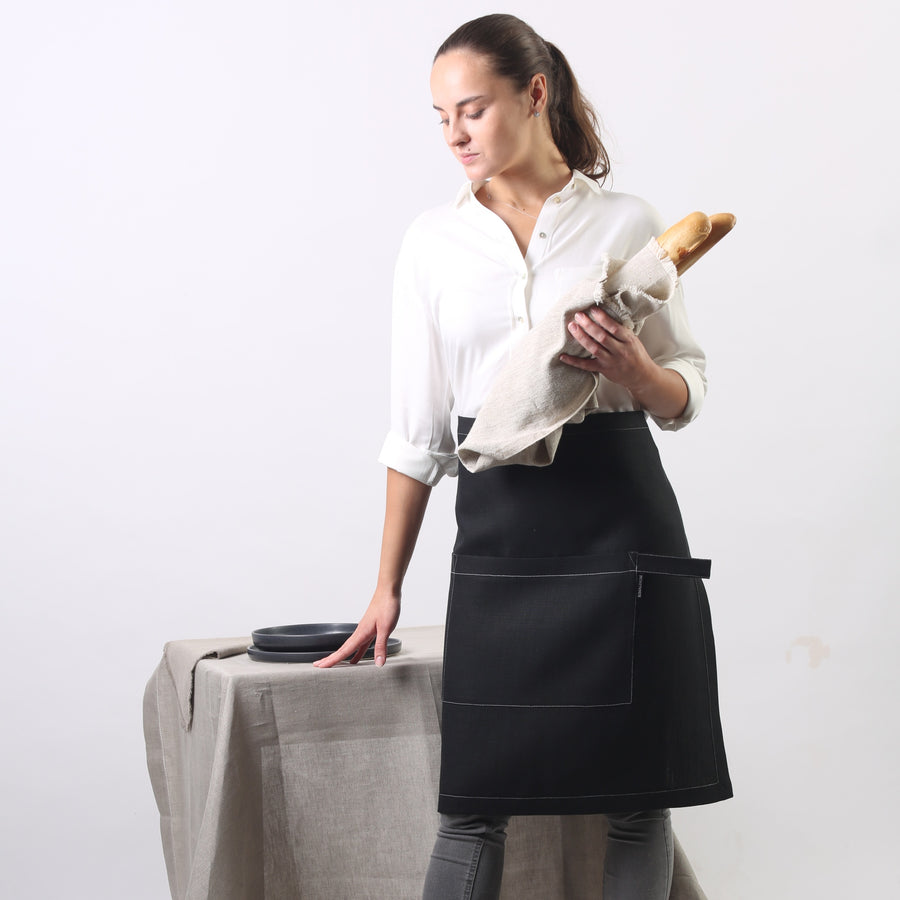 Rimalinum handmade black linen waist apron for profesionals 