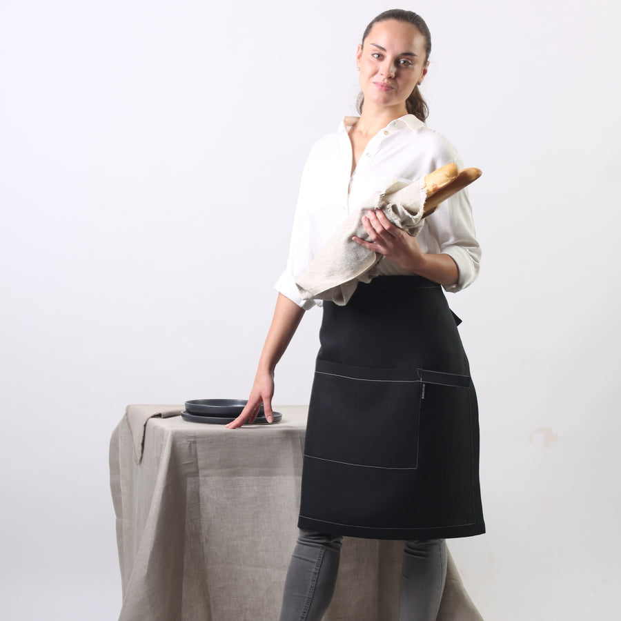 Rimalinum handmade black linen waist apron - beautiful girl holding bread