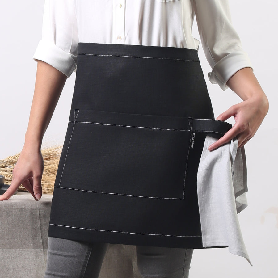 Rimalinum handmade black linen waist apron with white stiches 47cm length