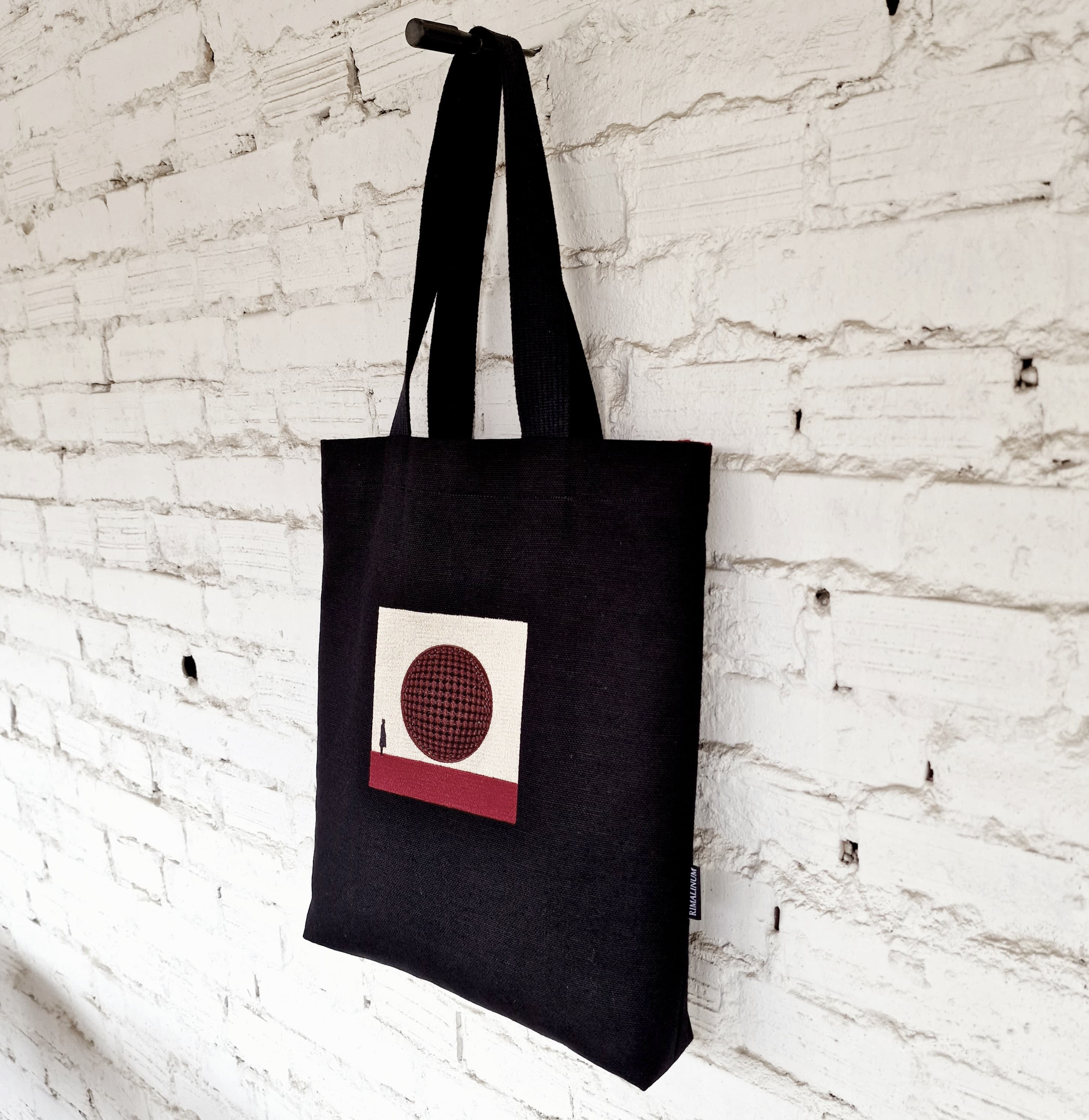 Black Tote Canvas Bag with Burgundy 3D Embroidery 