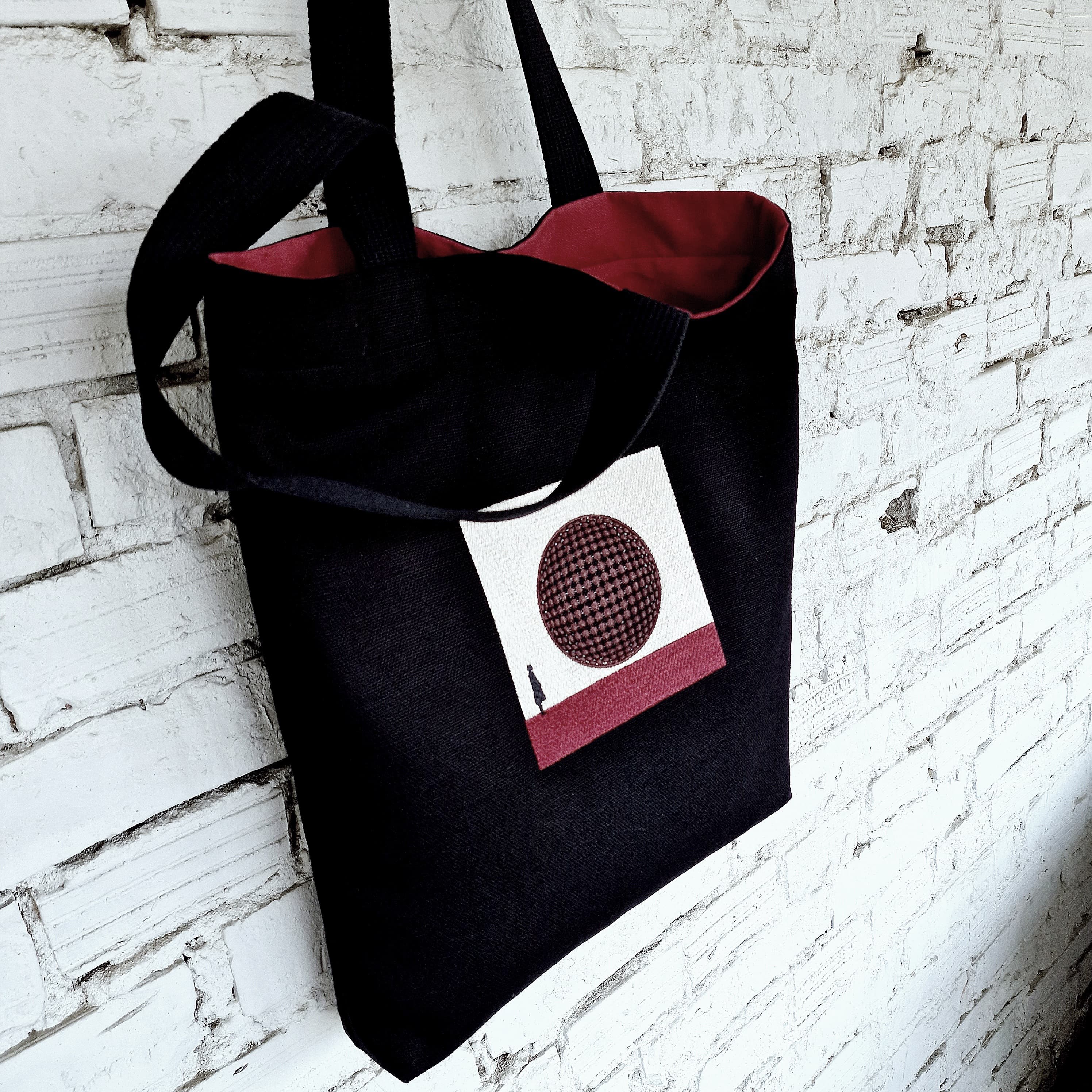 Black Tote Bag with Burgundy Lining and Sphare Embroidery