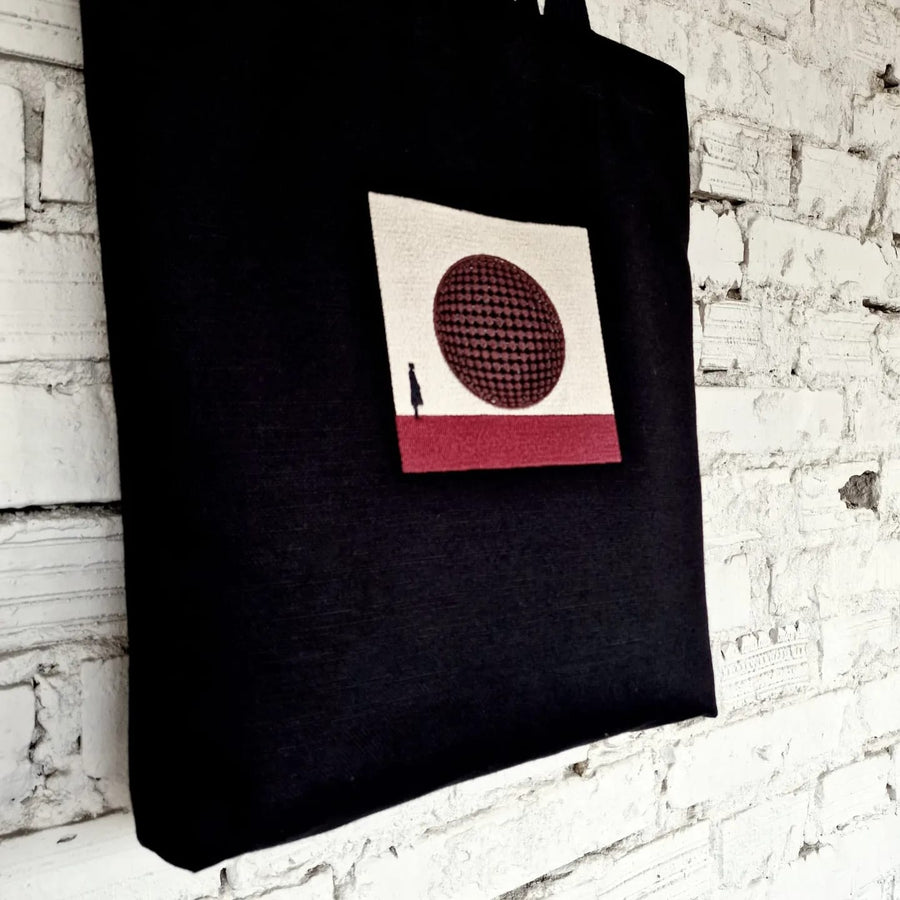 Black Tote Bag with Burgundy 3D Embroidery - Sustainable Linen-Cotton Blend