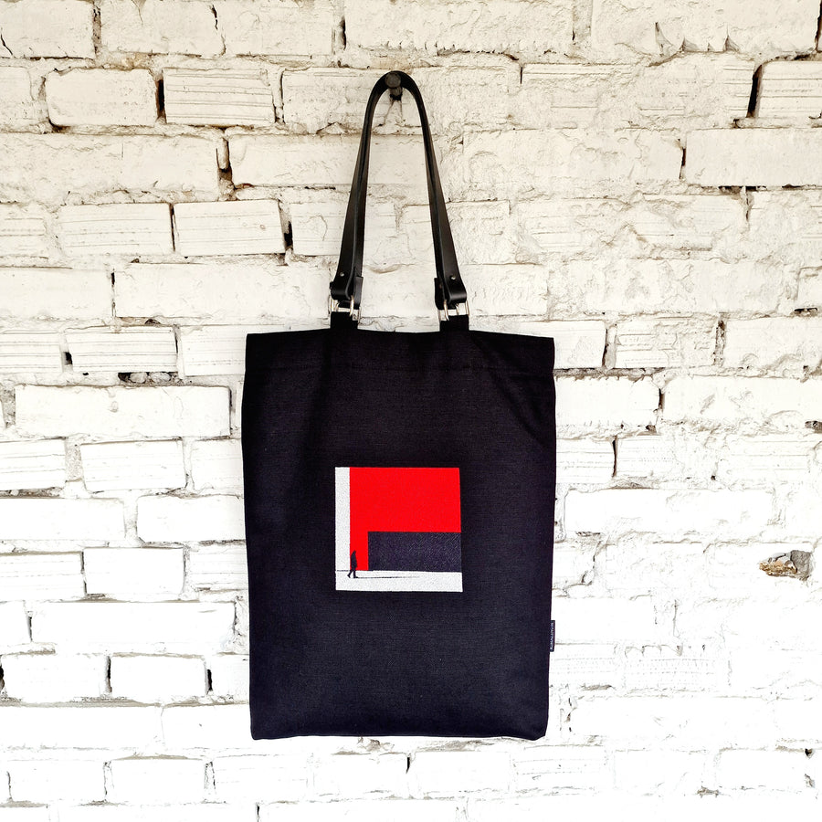 Black tote canvas ba with geometric red, white and black embroidery - The Path Finder