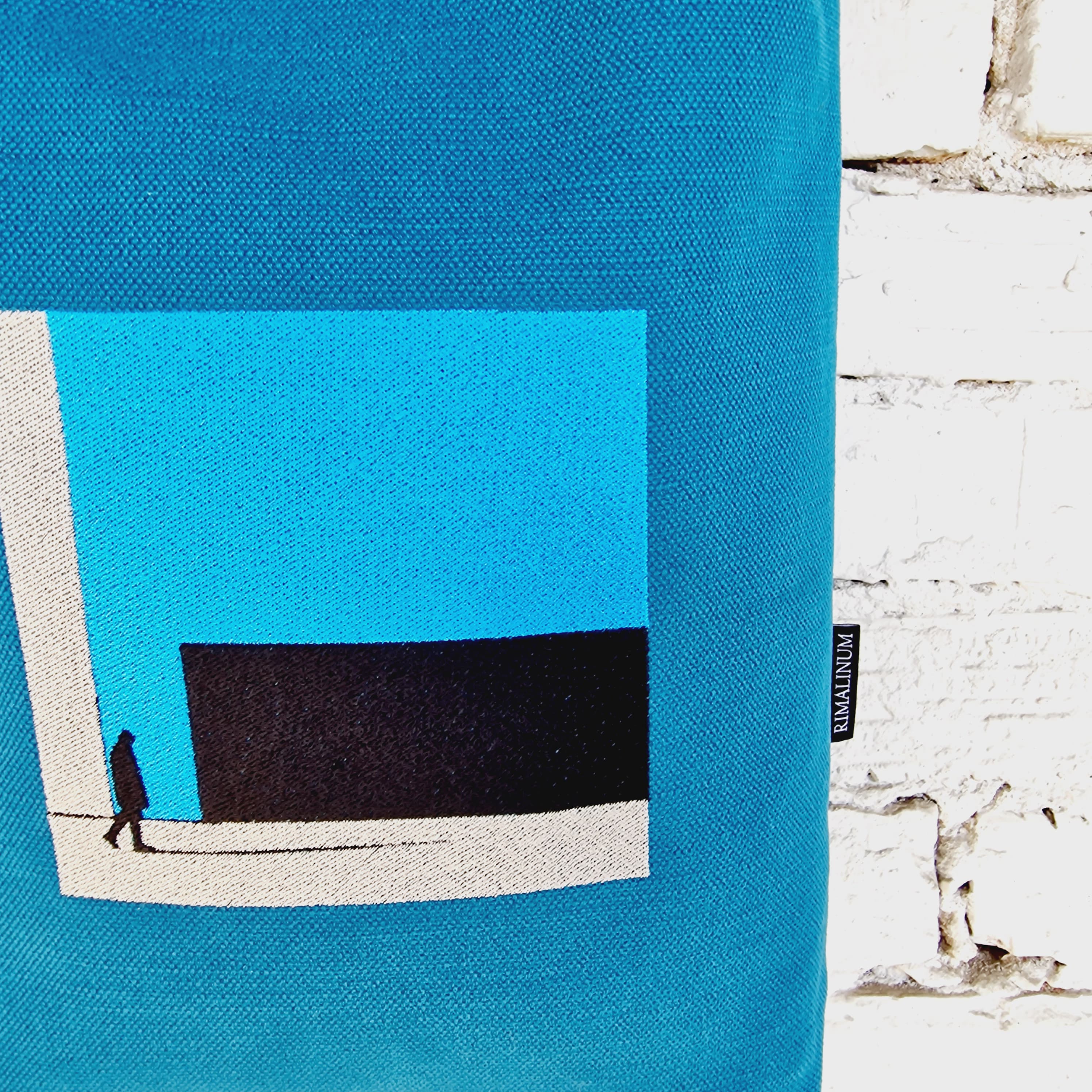 Abstract design on handmade blue linen and cotton canvas bag