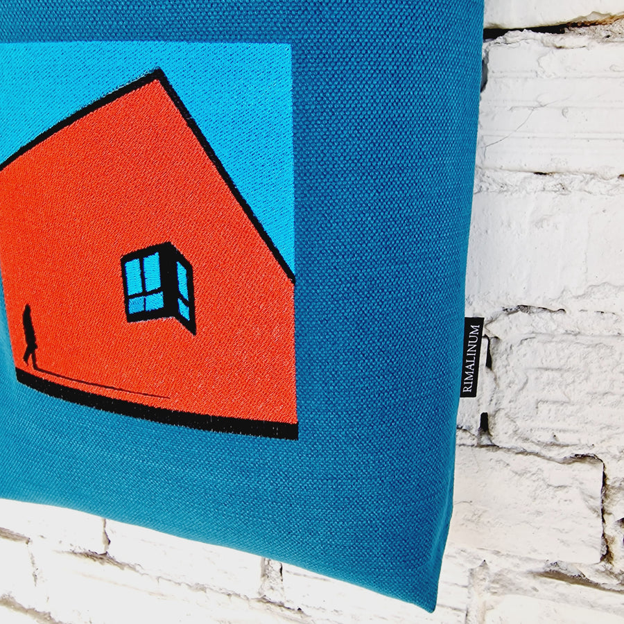 Blue Cross Body Cotton Bag with Red House, Blue Sky and The Path Finder Figure Embroidery 