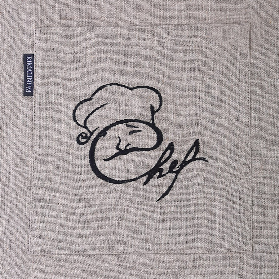 CHEF embroidery on linen waist apron's pocket from Rimalinum