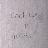 Cooking is great embroidery in grey on natural linen waist apron 