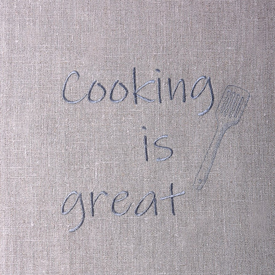 Cooking is great embroidery in grey on natural linen waist apron 