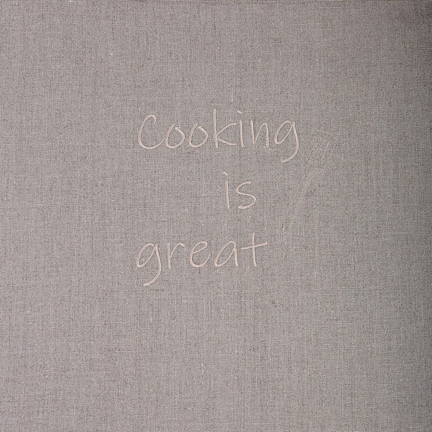 Cooking is Great hazel color embroidery on natural grey linen waist apron