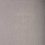 Cooking is Great hazel color embroidery on natural grey linen waist apron