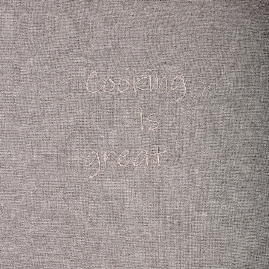 Cooking is Great hazel color embroidery on natural grey linen waist apron