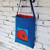 Blue Cross Body Cotton Bag with Red House Embroidery , Clasp and Red Lining