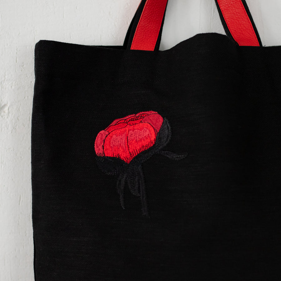 Handmade linen cotton canvas with Peony flower embroidery and genuine red leather handles