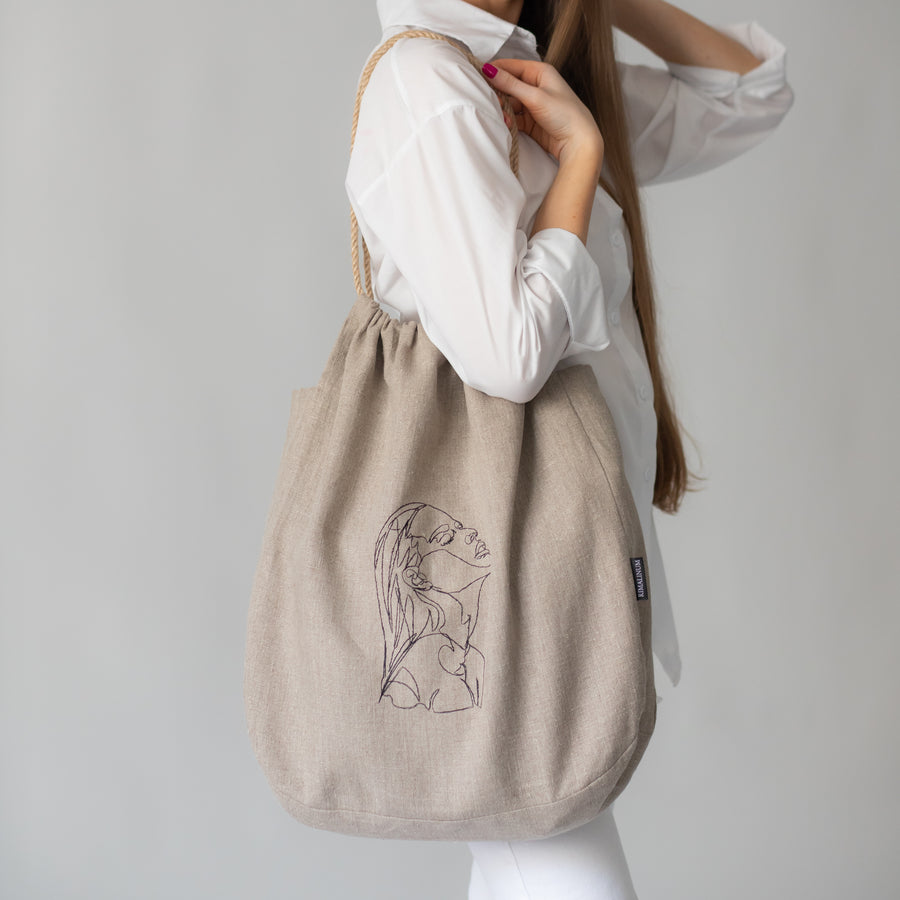Large Natural linen bag with jute rope handle from Rimalinum