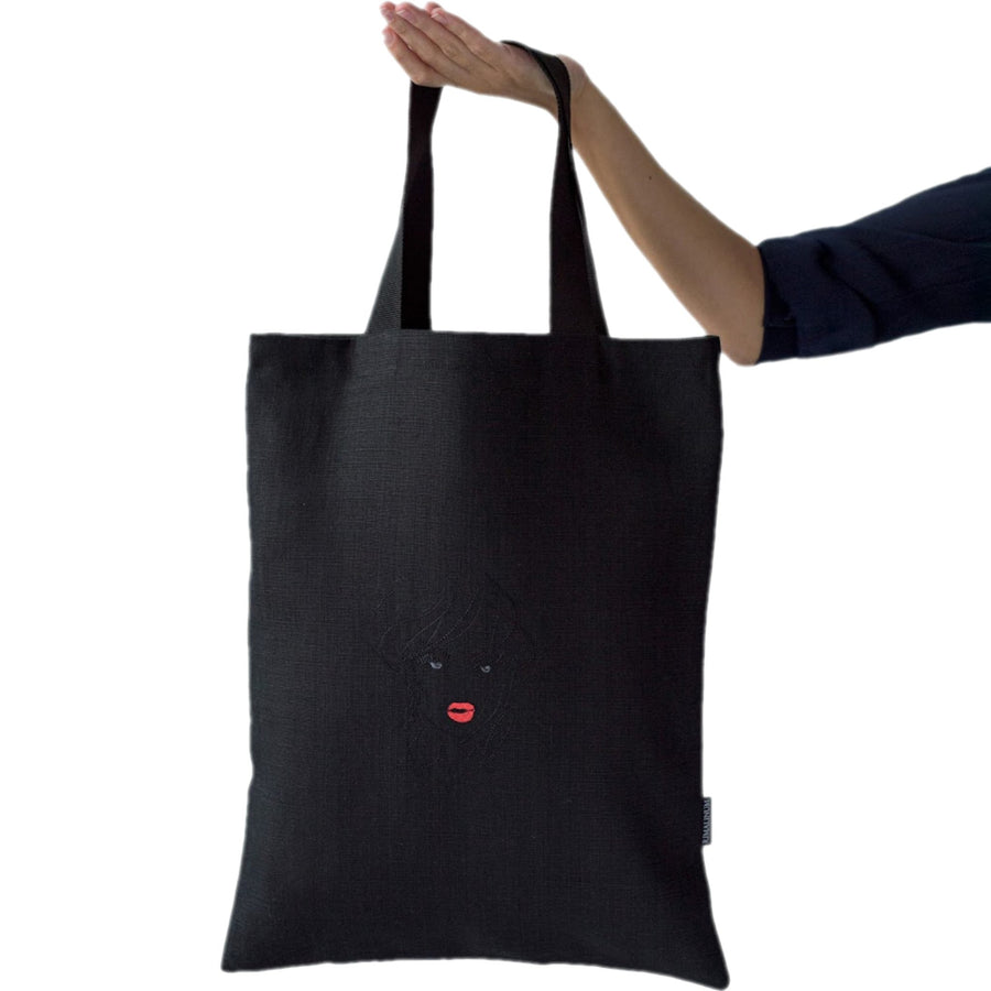 Black Shoulder Tote with Embroidery