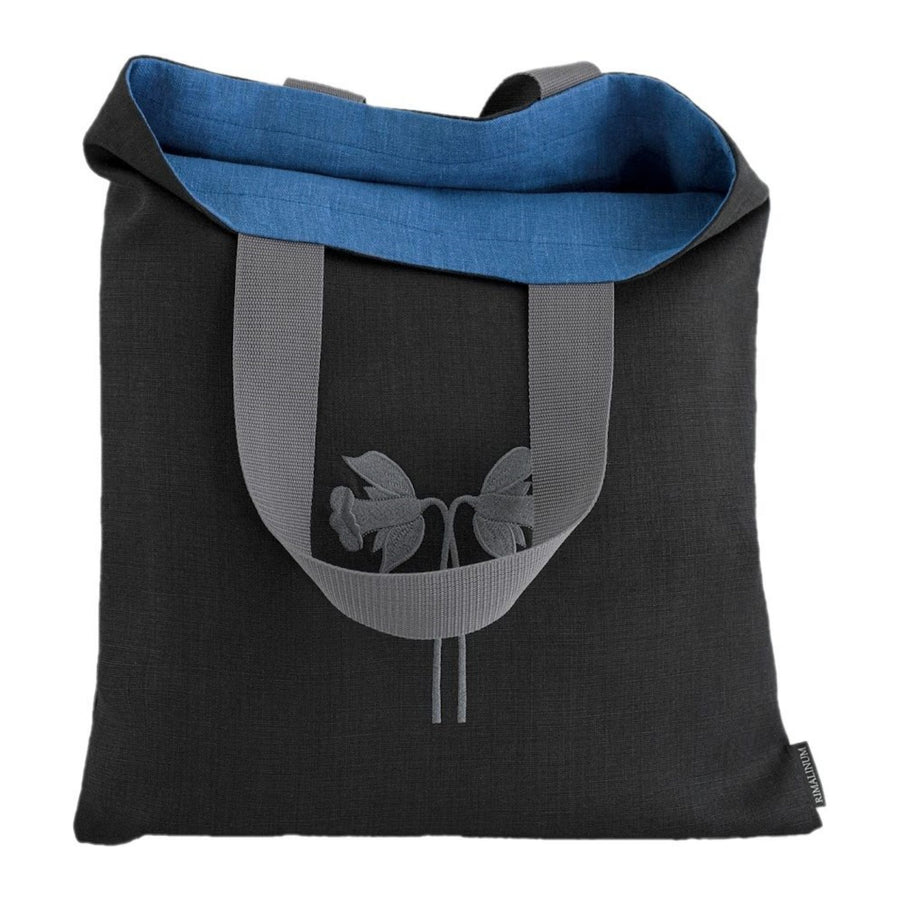 Black tote bag with daffodils embroidery and blue lining with interior pocket