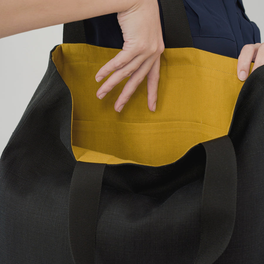Black Tote Bag with Mustard Yellow inside lining and inside pocket