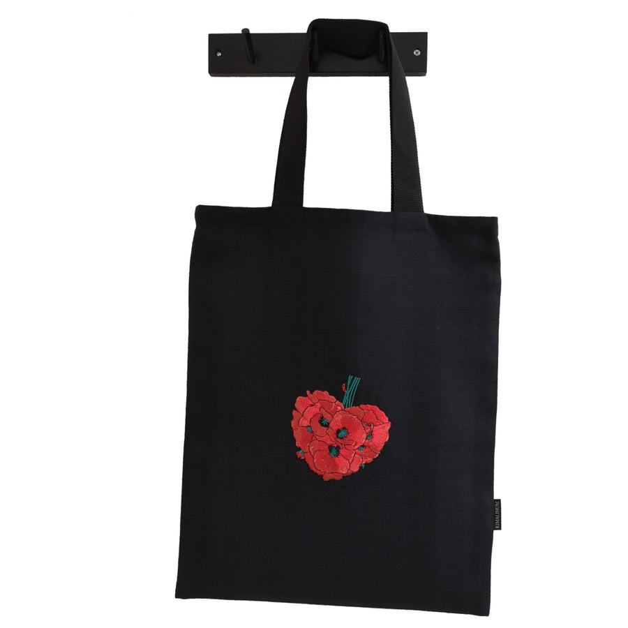 Travel Shoulder Tote Bag black with red poppy flowers