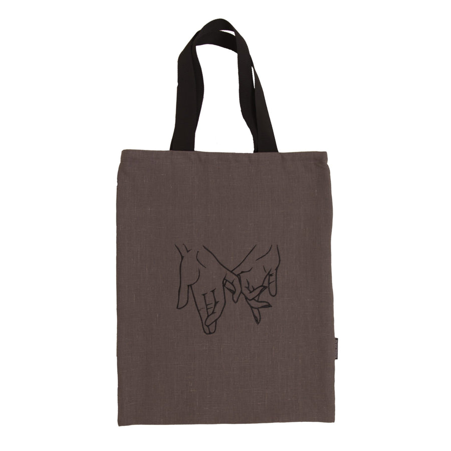 Grey Shoulder tote bag with two hands embroidery in black