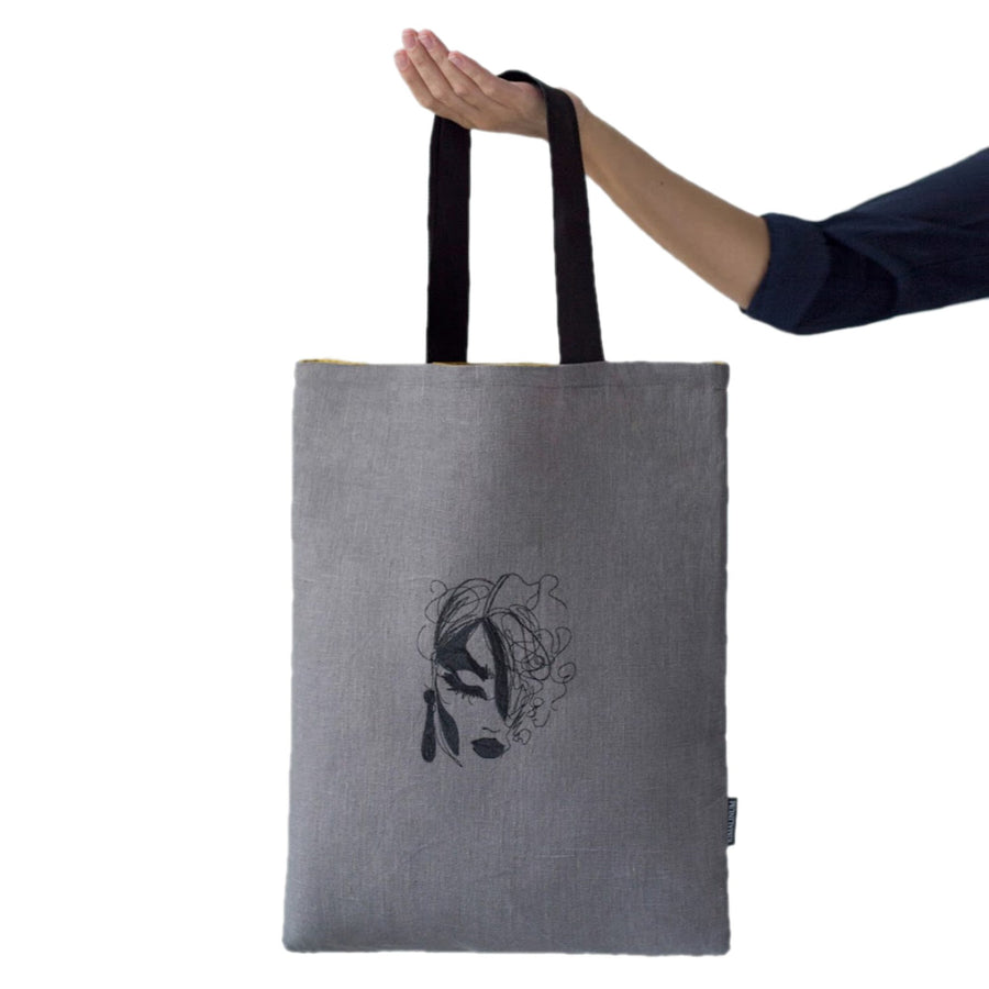 Grey Linen Tote Bag with Young Woman Face Embroidery