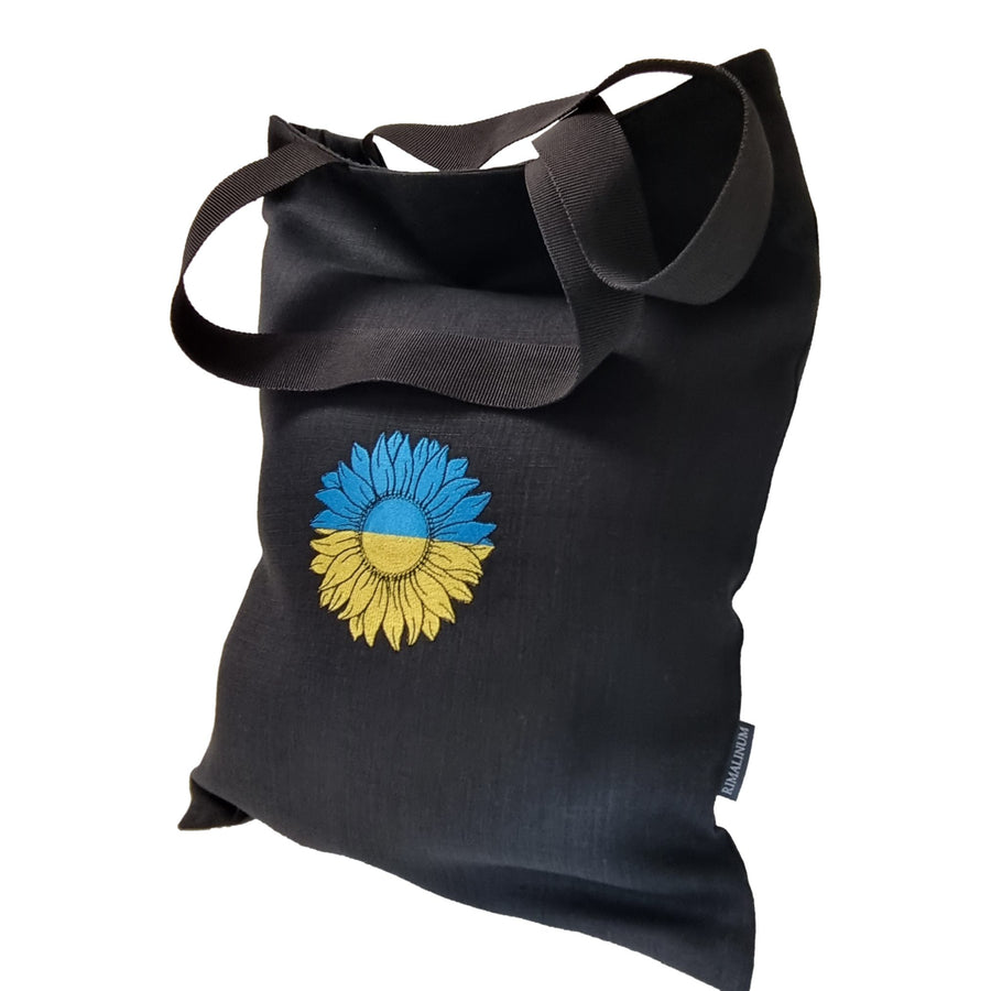 Linen tote bag with Sunflower embroidery in Ukraine flag colors