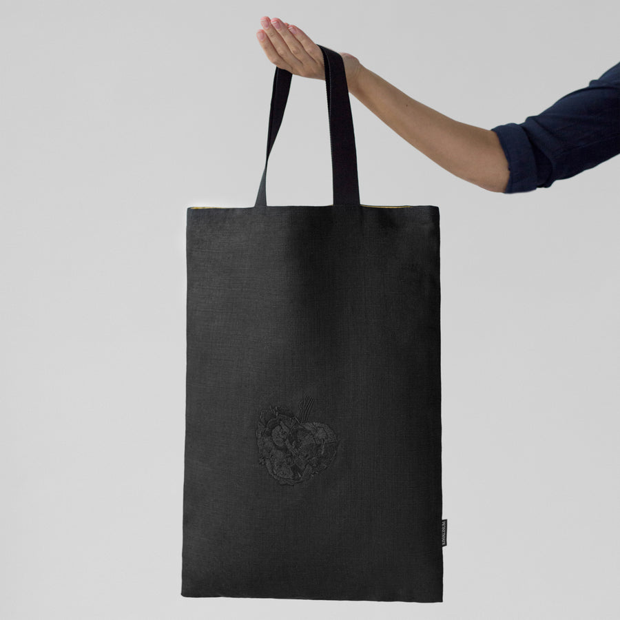 2 layer black linen tote bag with 3D Poppy Flower Embroidery
