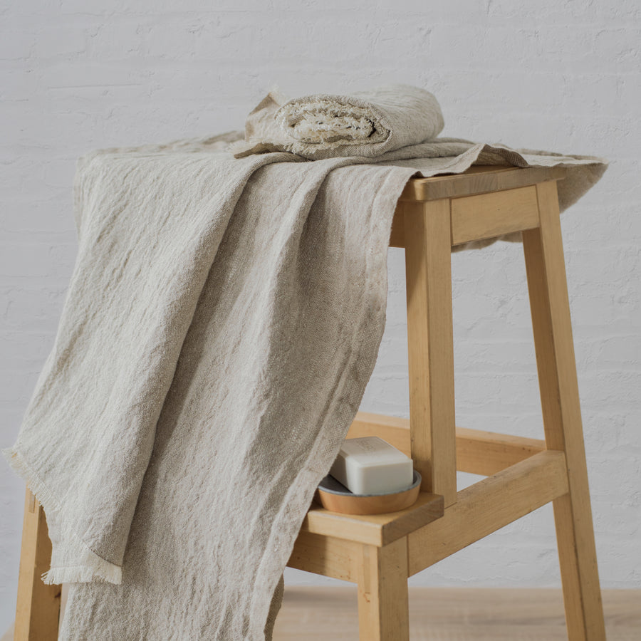 Rustic unbleached Linen Hand & Bath Towel Set with Fringed Ends