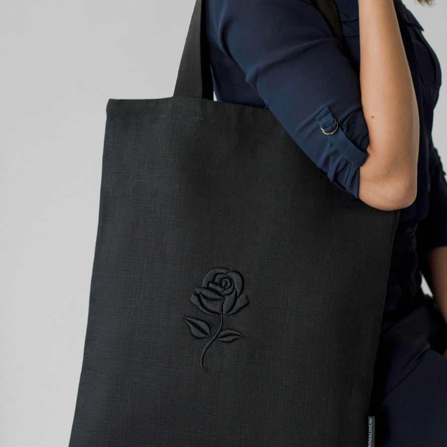 Shoulder linen bag with 3D rose flower design