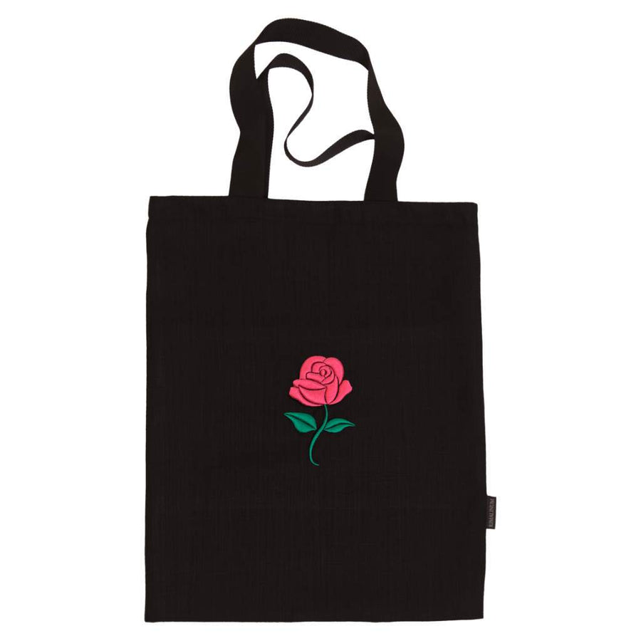 Black Tote Bag Pink Rose Embroidery